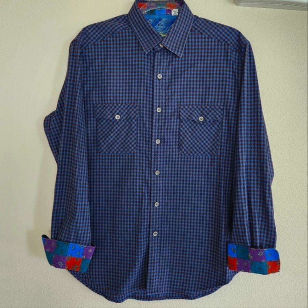 Robert Graham Classic Fit Plaid Long Sleeve Blue Button Down Shirt Size Medium